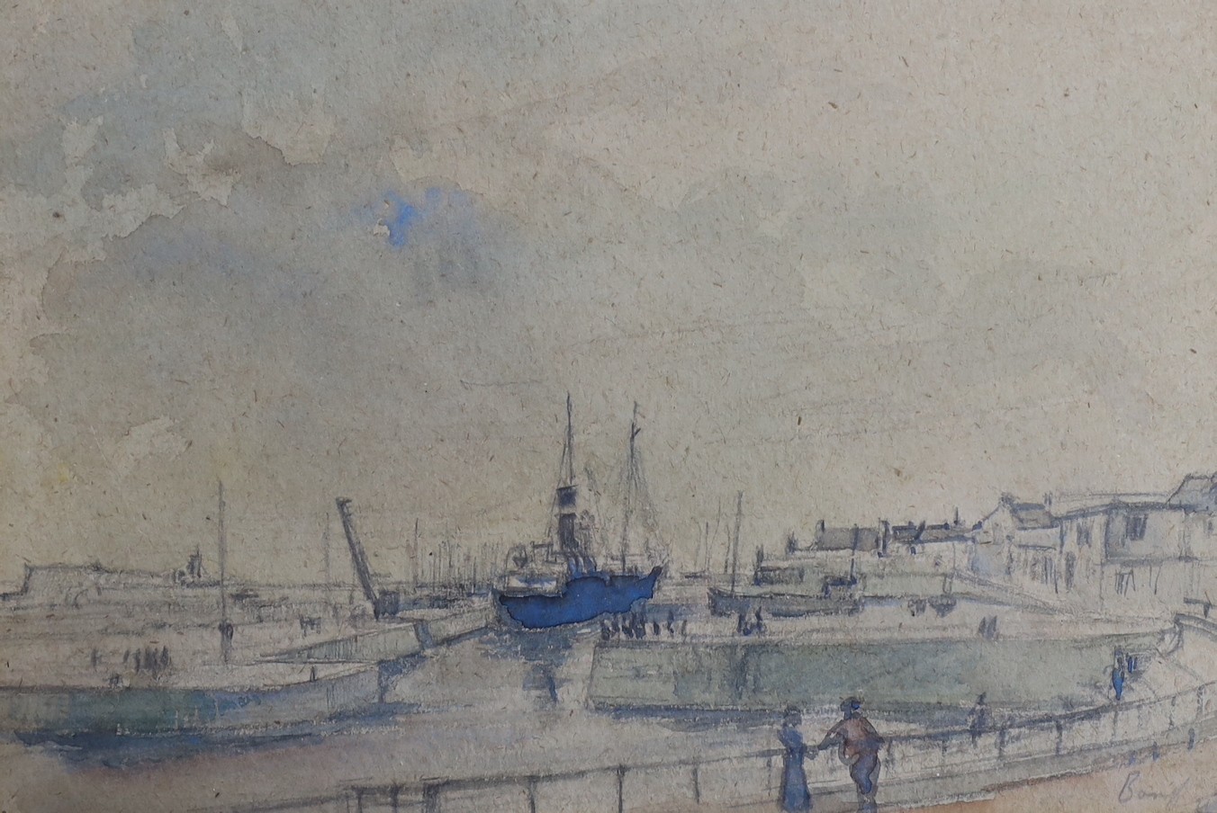 R.A.(?), oil on canvas, ‘Looe’, signed and dated 1892, 26 x 33cm, together with a watercolour harbour scene, signed and dated, and a Japanese silk-work pattern (3)